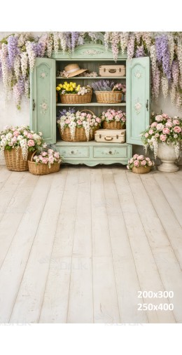 Tło fotograficzne „Miętowa witryna z koszami kwiatów” | E850